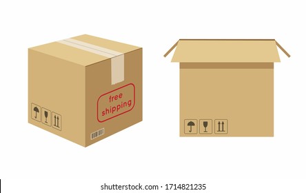Cardboard box, craft. Brown box, open and sealed, for storage of cardboard parcels. Packaging material, sealed boxes, isolated on a white background. Vector illustration in a flat style.