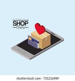 cardboard box and credit cards over smartphone colorful poster isometric shop online vector illustration