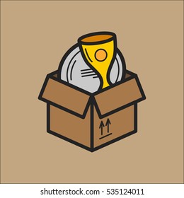 Cardboard box with a cup and award Cardboard boxes for moving a cup and awards Minimalistic Flat Line Stroke Icon Pictogram Illustration