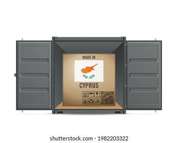 Caja de cartón Chipre en un contenedor de carga sobre fondo blanco. Ilustración vectorial.