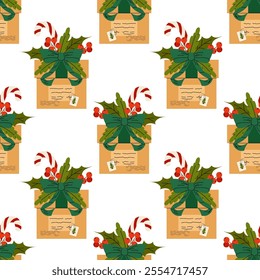 Cardboard box decorated with Christmas elements bow, ilex berries and caramel cane. Seamless pattern for textile, wrapping paper, background.