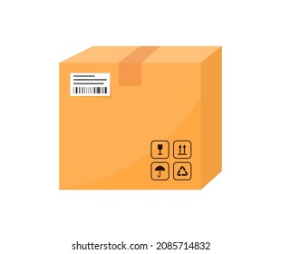 Cardboard box for delivery. Carton parcel with handling packing icons and bar code. Packing box, transportation parcel. Delivery box. Vector illustration.