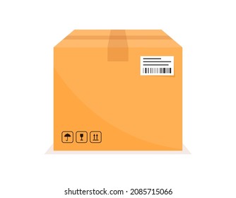 Cardboard box for delivery. Carton parcel with handling packing icons and bar code. Packing box, transportation parcel. Delivery box. Vector illustration.