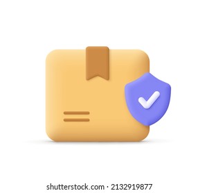 Cardboard box, delivery package, shipping box with shield. Transportation, safe delivery, delivery security and insurance, shipping concept. 3d vector icon. Cartoon minimal style.