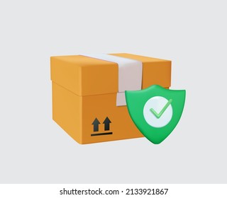 Cardboard box, delivery package, shipping box with shield. Transportation, safe delivery, delivery security and insurance, shipping concept. 3d vector icon. Cartoon minimal style. Parcel box. Online