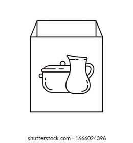 Cardboard box with dishes icon. Linear image for illustration of sorting, packaging, storage, transportation, delivery, shopping stuffs. Contour isolated vector on white background