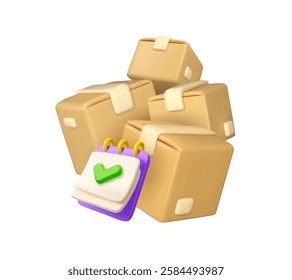 Cardboard box with document vector 3d icon. Clipboard with checkmark and stack of closed delivery packages isolated on white background. Cartoon simple illustration