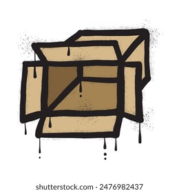 Cardboard box drawn with black spray paint graffiti