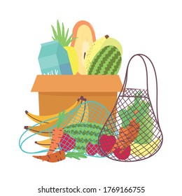 cardboard box eco friendly bag with fresh fruits vegetables, food delivery in grocery store vector illustration