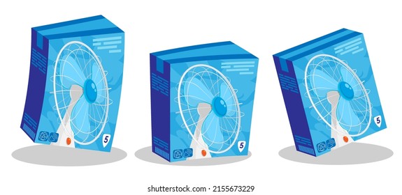 Cardboard box with electric fan, preparing for hot summer season. Maintaining comfortable temperature in room. Cartoon vector isolated on white background