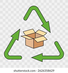 Cardboard box encircled by three green arrows forming a triangular recycling symbol