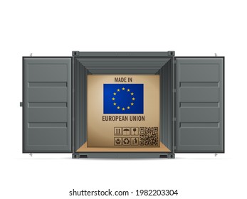Cardboard box EU in cargo container on a white background. Vector illustration.