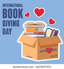Cardboard box filled with donates of books. Educational knowledge donation concept. Vector Illustration of Cartoon cardboard donation box to International Book Giving Day. 