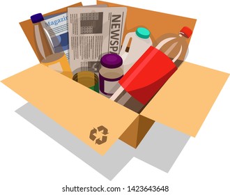 A cardboard box filled with recyclable household items.
