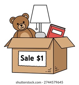 Cardboard box filled with used items like teddy bear, lamp and book for sale