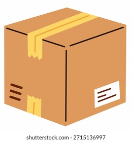 Caixa de papelão em estilo plano desenhado à mão para conceitos de logística e transporte. Ideal para design de embalagens, visuais de comércio eletrônico, serviços de mensageiro e gráficos de entrega.