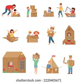 Cardboard box flat icons set with kids playing handmade toys isolated vector illustration