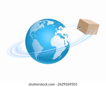 Cardboard box flies around planet earth. Isolated on white background. Vector illustration