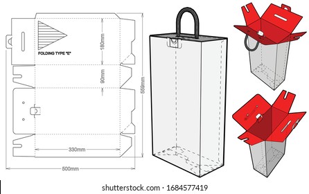 Cardboard Box flute E with cord handle(Internal measurement 18 x 9+ 33 cm) and Die-cut Pattern. The .eps file is full scale and fully functional. Prepared for real cardboard production.