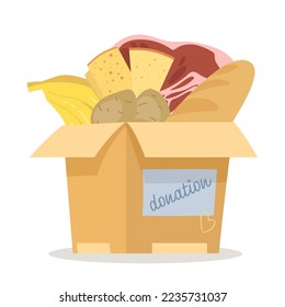 Cardboard box with food and donation label vector illustration. Cartoon drawing of groceries inside box, humanitarian aid isolated on white background. Food, charity, support concept