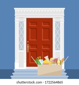 A cardboard box with food on the doorstep of the house. Contactless product delivery. Helping the poor during epidemics and disasters, donations. Vector illustration