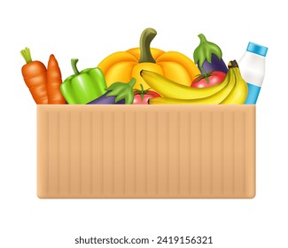 Cardboard box with food. Vector clipart isolated on white background.