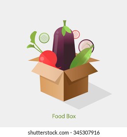 Cardboard box with fresh,healthy vegetables a flat style. Diet and organic food template.Food delivery.