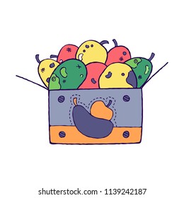 Cardboard box full of bruised vegetables. Vector illustration. Outline drawing. Food waste doodle concept design. Food resqued from being thrown away