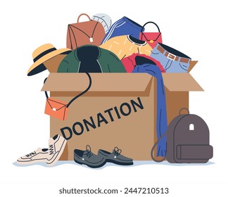 Cardboard Box full of Clothes, Footwear and Accessories. Clothes Donation Concept. Used Clothing in Paper Box. Charity and Donate of Clothing for Poor People. Cartoon Flat Vector Illustration