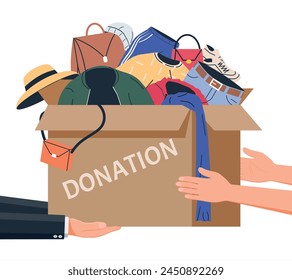 Cardboard Box full of Clothes, Footwear and Accessories. Clothes Donation Concept. Used Clothing in Paper Box. Charity and Donate of Clothing for Poor People. Cartoon Flat Vector Illustration