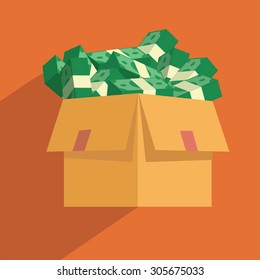 Cardboard Box Full Of Dollar Banknotes Packed In Packs Flat Vector Illustration. Consumer Or Business Credit, House Or Student Loan, Bank Credit Refinancing Concept. Big Financial Success. Money Icon