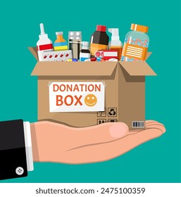 Cardboard box full of drugs in hand. Needed items for donation. Different pills bottles, healthcare, pharmacy. Medical drug vitamin, antibiotic. Donate, charity, thanksgiving. Flat vector illustration