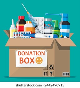 Cardboard box full of drugs. Needed items for donation. Different pills bottles, healthcare, pharmacy. Medical drug vitamin, antibiotic. Donate, charity, thanksgiving. Flat vector illustration