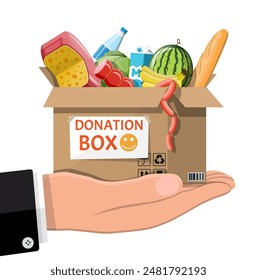 Caja de cartón llena de comida en mano. Artículos necesarios para la donación. Agua, pan, carne, leche, frutas y verduras. Banco de alimentos, caridad, concepto de acción de gracias. estilo plano de Ilustración vectorial