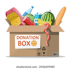 Caja de cartón llena de comida. Artículos necesarios para la donación. Agua, pan, carne, leche, frutas y verduras. Banco de alimentos, caridad, concepto de acción de gracias. Ilustración vectorial estilo plano