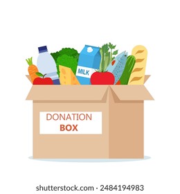 Cardboard box full of food. Needed items for donation. Water, bread, milk, fruits and vegetables products. Food drive bank, charity, thanksgiving concept. Vector illustration flat style