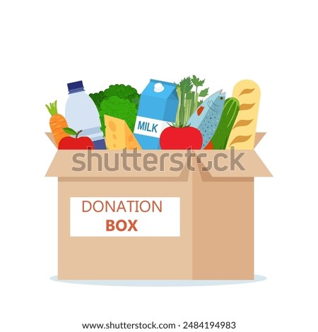 Cardboard box full of food. Needed items for donation. Water, bread, milk, fruits and vegetables products. Food drive bank, charity, thanksgiving concept. Vector illustration flat style