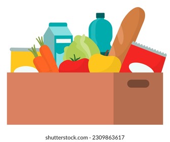 Cardboard box full of groceries, grocery shopping and delivery concept