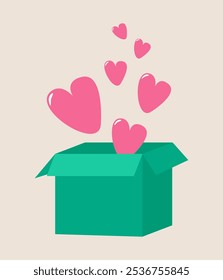 Cardboard box full of hearts. Concept of hearts. Colorful vector illustration
