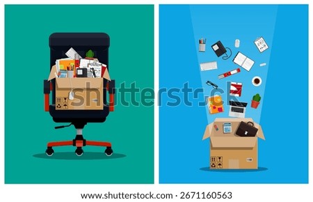 Cardboard box full office supply. Moving service or dismissal work. Flat style stock vector set collection illustration.