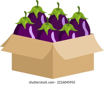 Cardboard box full with purple eggplants