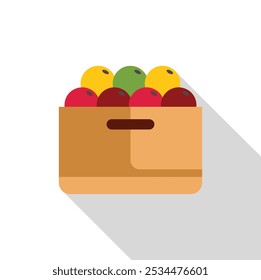 Cardboard box full of ripe apples casting a long shadow, perfect for projects related to harvest, agriculture, and healthy eating