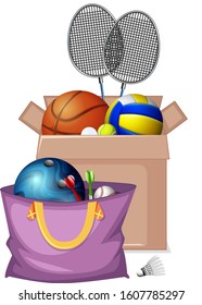 Cardboard box full of sport equipments on white background illustration