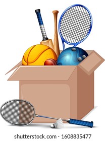Cardboard box full of sport equipments on white background illustration
