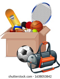 Cardboard box full of sport equipments on white background illustration