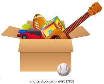 Cardboard box full of toys illustration