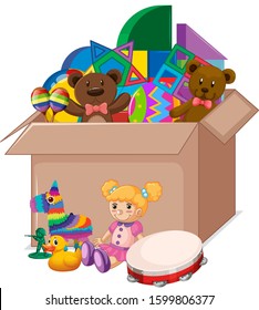 Cardboard box full of toys on white background illustration
