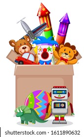 Cardboard box full of toys on white background illustration