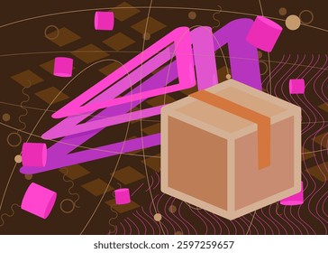 Cardboard Box geometrical graphic retro theme background. Minimal geometric elements. Vintage abstract shapes vector illustration.