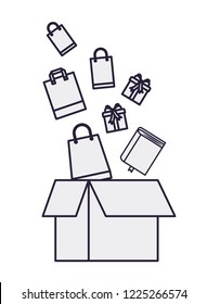 cardboard box with gifts falling